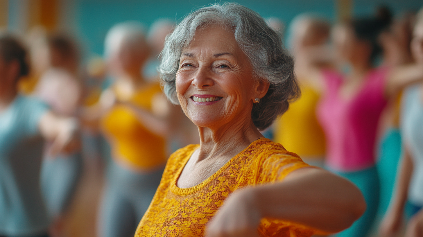 Група людей старшого віку займається пілатесом на природі