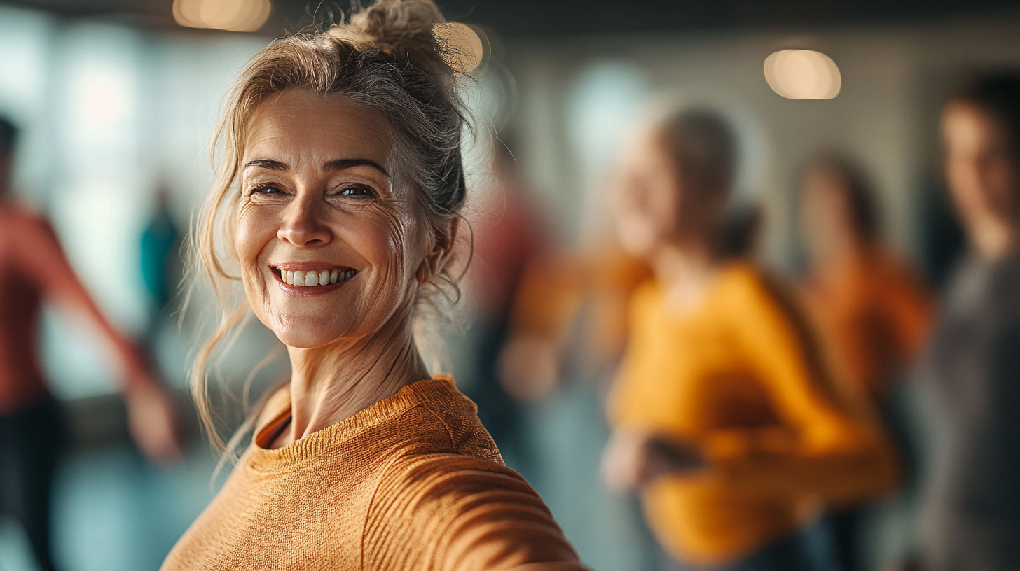 Інструктор проводить заняття пілатесом для групи людей старшого віку в парку